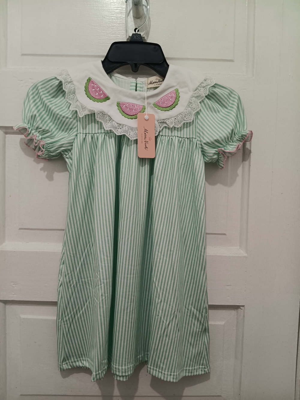 Girls' Green Striped Nightgown with Pink Watermelon Appliqué